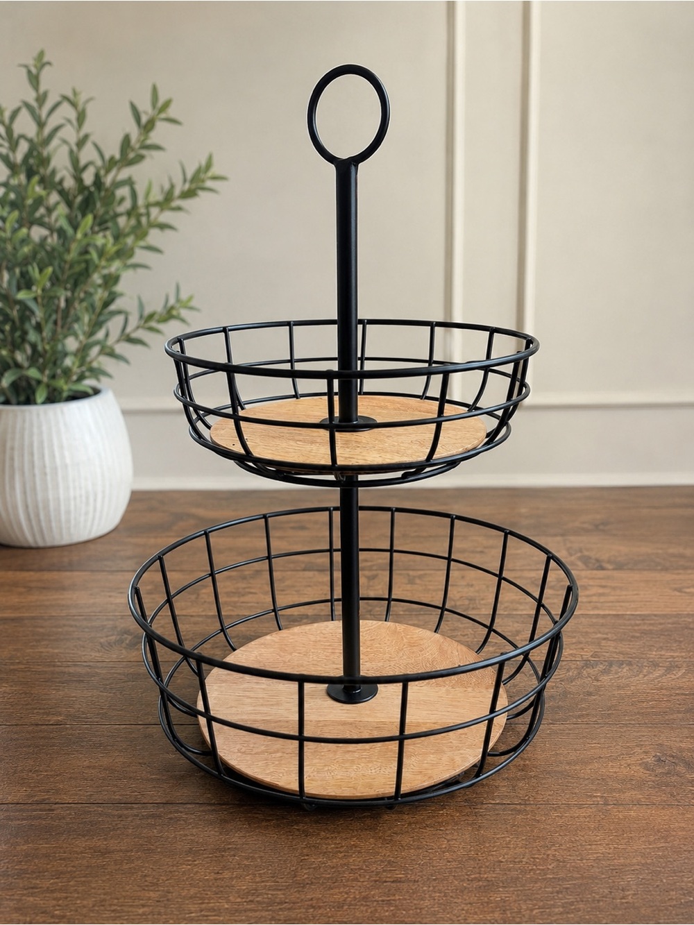 Two-Tier Black Metal and Wood Serving Stand